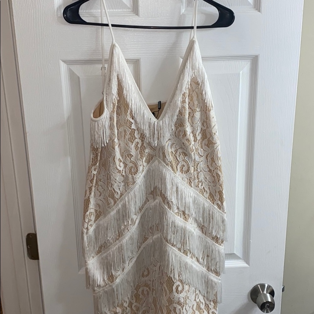 White strappy lace tassel detail body con dress